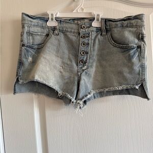 Free People Light Blue Distressed Button-Front Denim Shorts